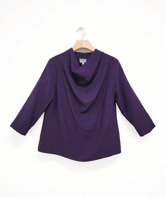 deep eggplant color pullover top with 3/4 sleeves and a high cowl neckline