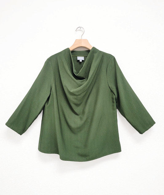 pine color pullover top with 3/4 sleeves and a high cowl neckline