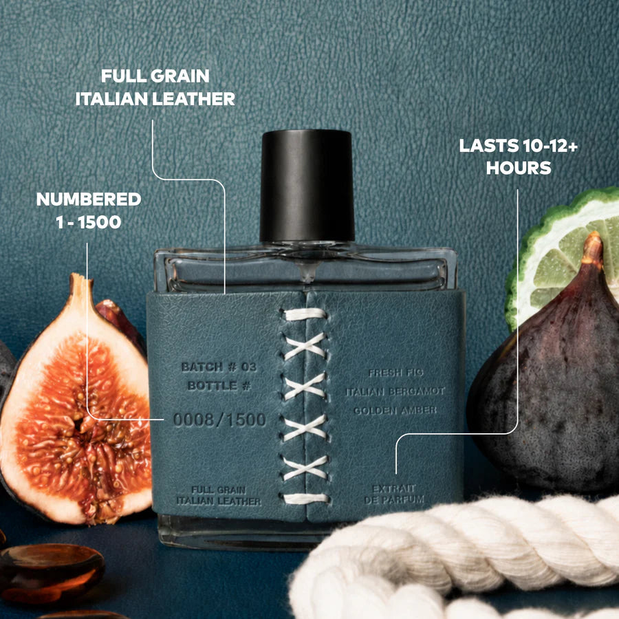 Perfume bottle with figs and text highlighting features on a blue background