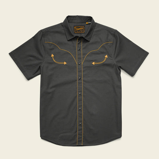 Black short-sleeve shirt with yellow stitching on a white background