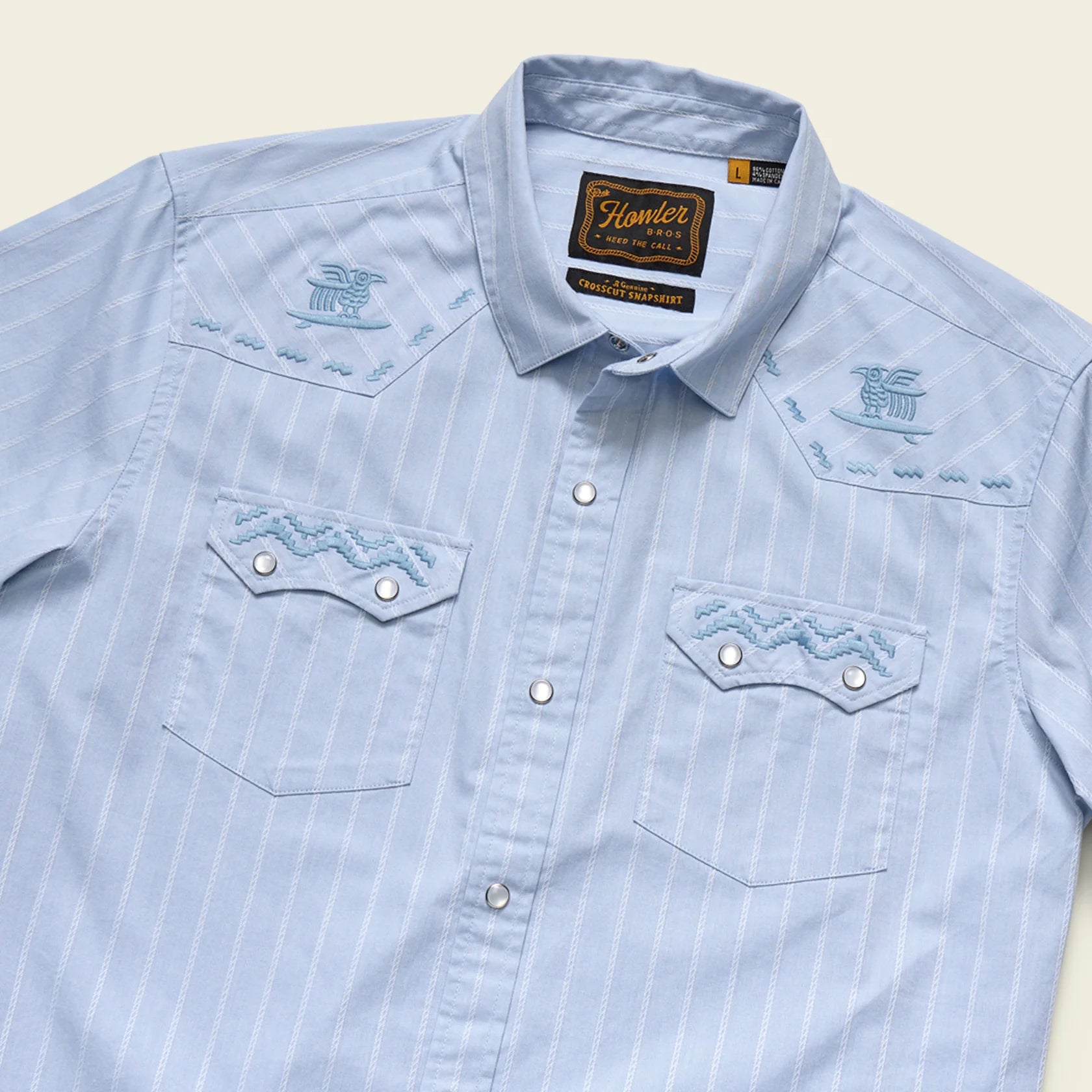 blue pearl snap short sleeve shirt with stripe pattern and embroidery on white background