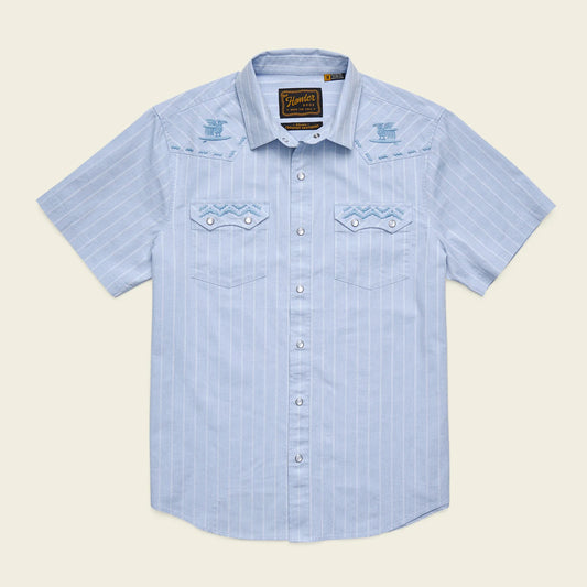 blue pearl snap short sleeve shirt with stripe pattern and embroidery on white background