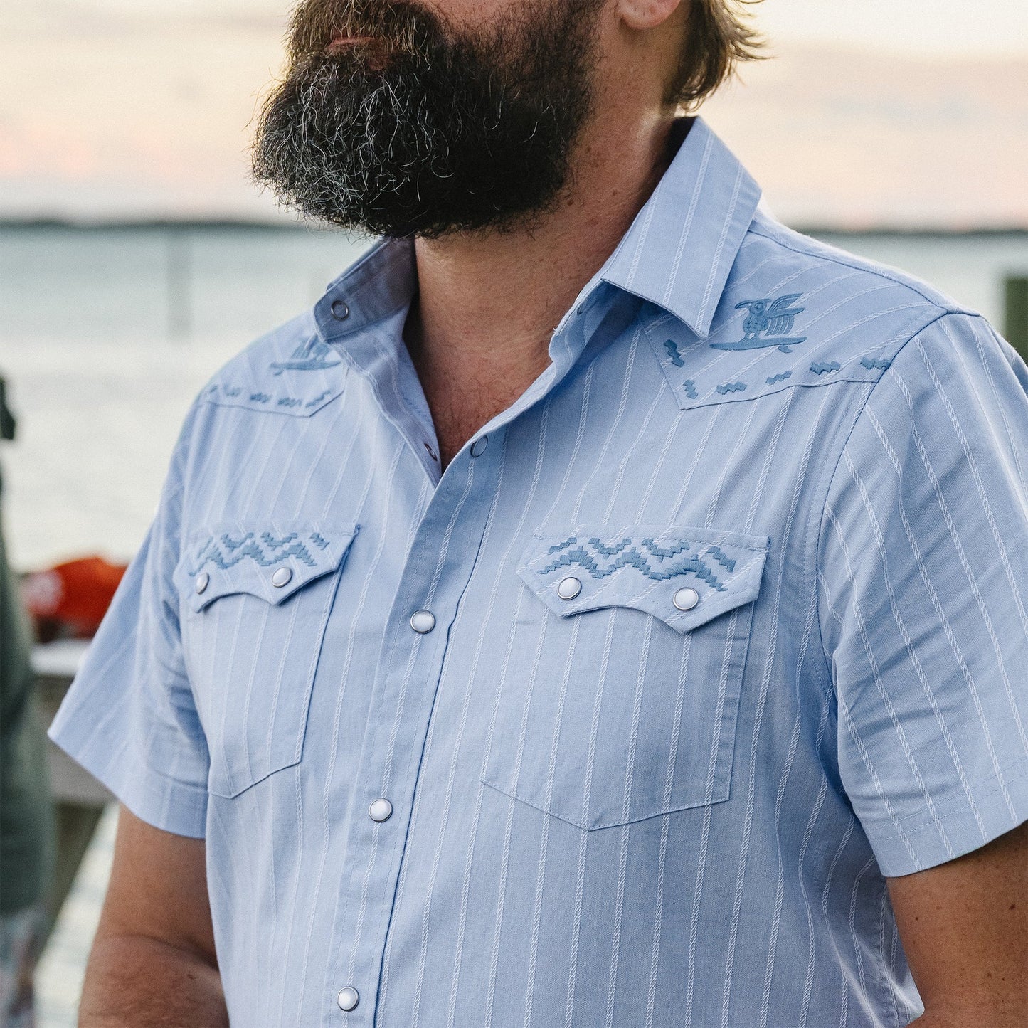 close up of man wearing blue pearl snap short sleeve shirt with stripe pattern and embroidery