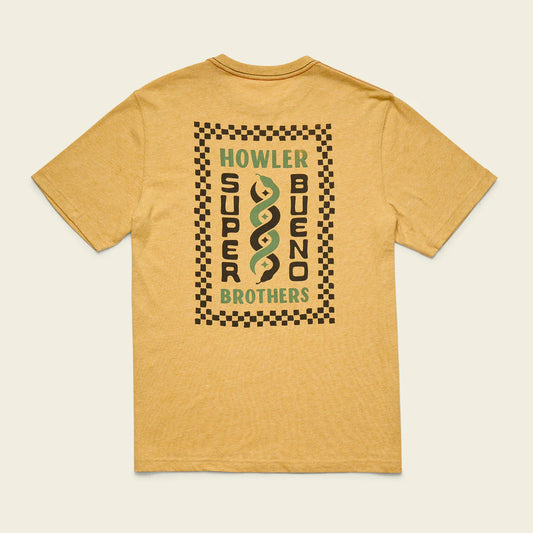 Yellow t-shirt with 'Howler Super Bueno Brothers' logo on a beige background