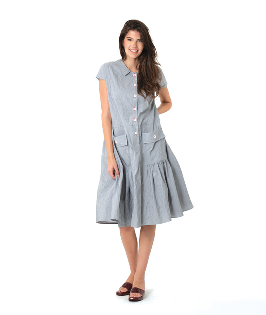 grey and white pinstriped button down dress with a dropped waist, cap sleeves, squared hip pockets and contrasted red stitching at the buttons.