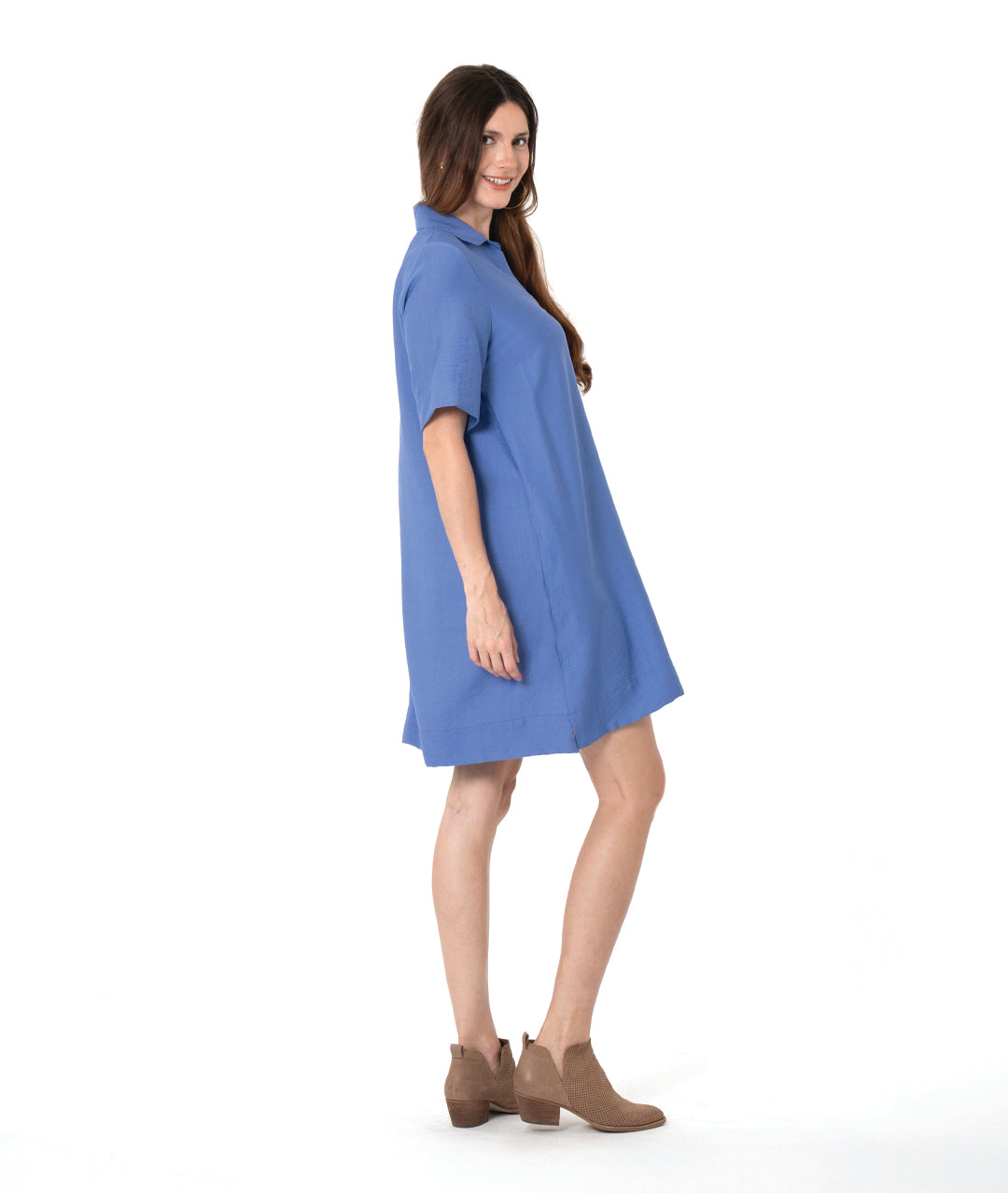 model in an azure color pullover shirt dress 