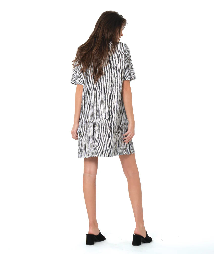 Woman wearing a striped black and white dress on a white background