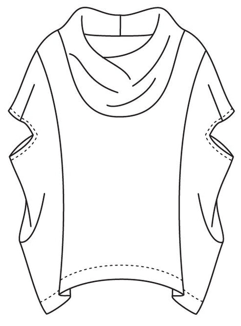 drawing of a boxy pullover top with princess seams, cap sleeves and a cowl neck