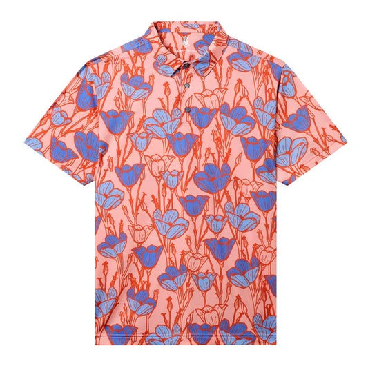Coral polo shirt with blue floral pattern, against white background