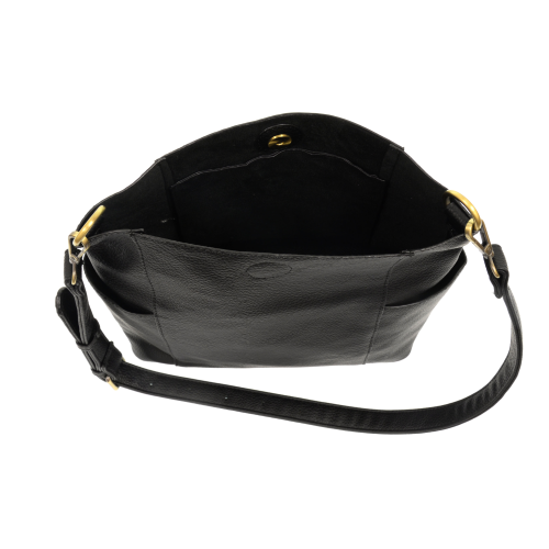 inside view of black vegan leather bag with pockets on each side and shoulder strap