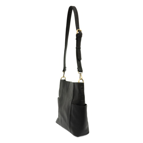 black vegan leather bag with pockets on each side and shoulder strap