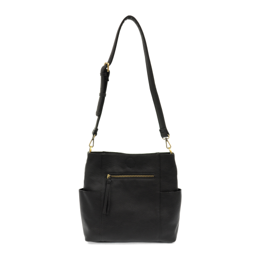 black vegan leather bag with pockets on each side, zipper in middle and shoulder strap