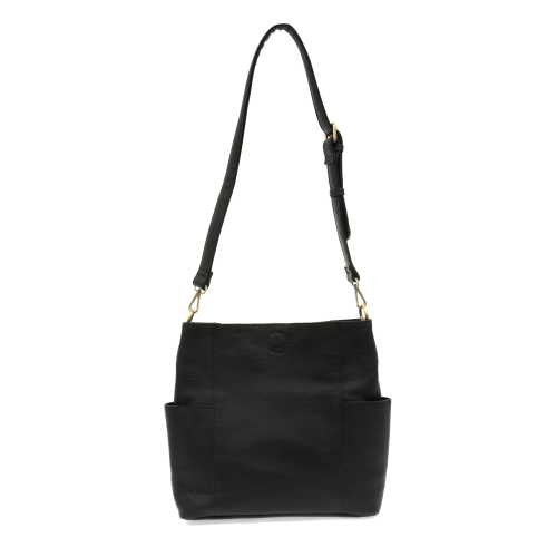 black vegan leather bag with pockets on each side and shoulder strap