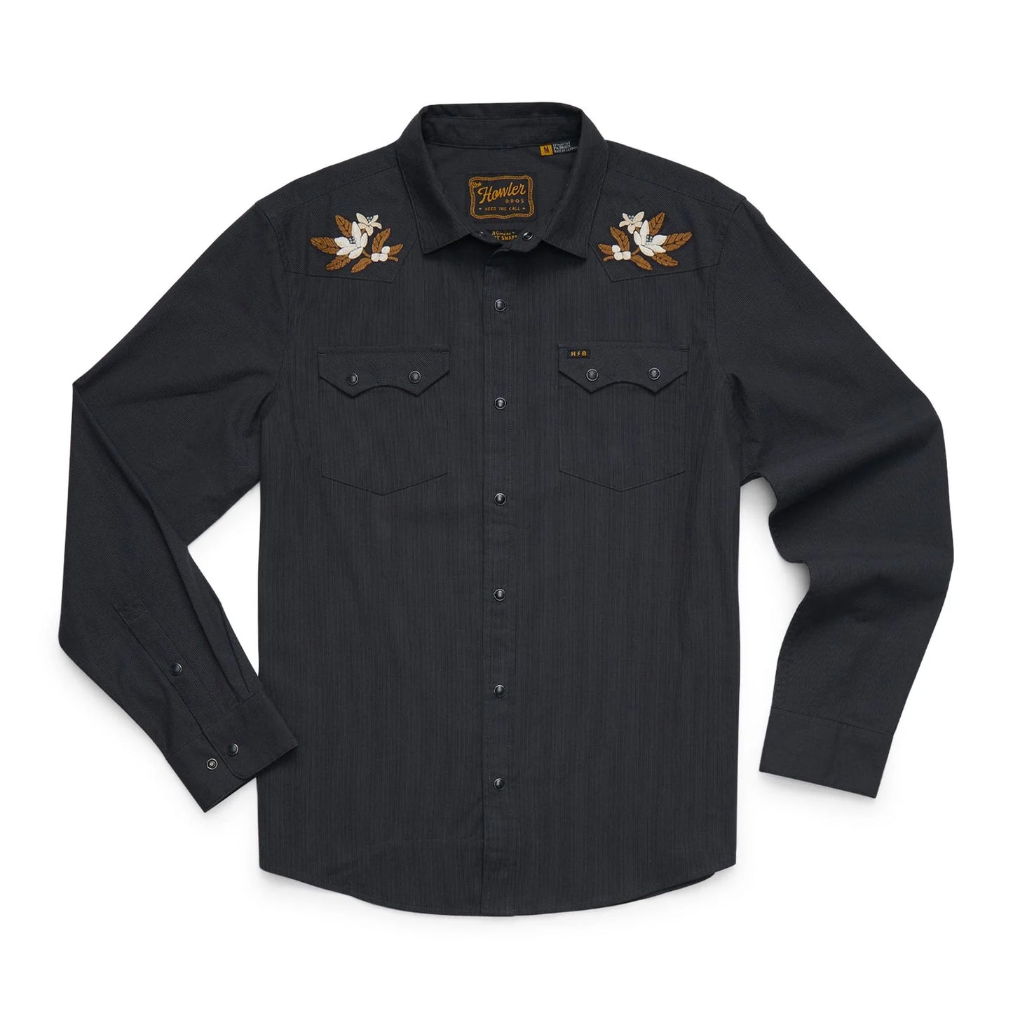 A black long-sleeve button-up shirt featuring embroidery on both shoulders and a small logo patch on the left chest pocket flap, displayed flat against a white background.