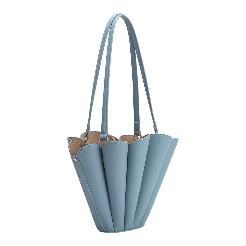 Light blue handbag with a unique fan-like design on a white background