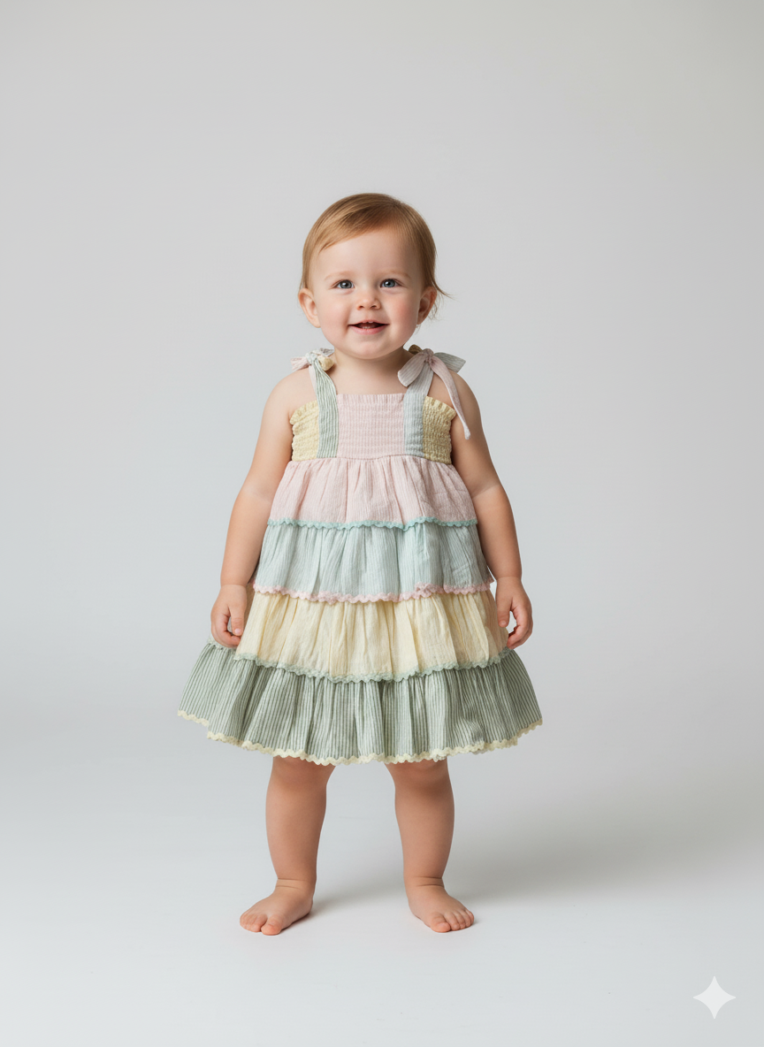 Young child wearing a colorful tiered dress on a white background