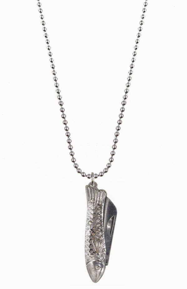 Silver fish-shaped pendant on a chain against a white background