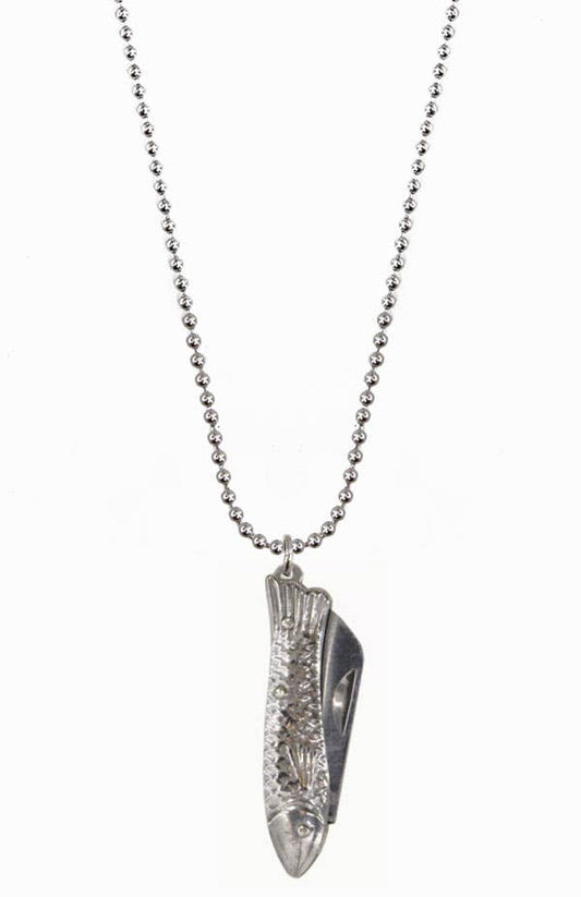 Silver fish-shaped pendant on a chain against a white background