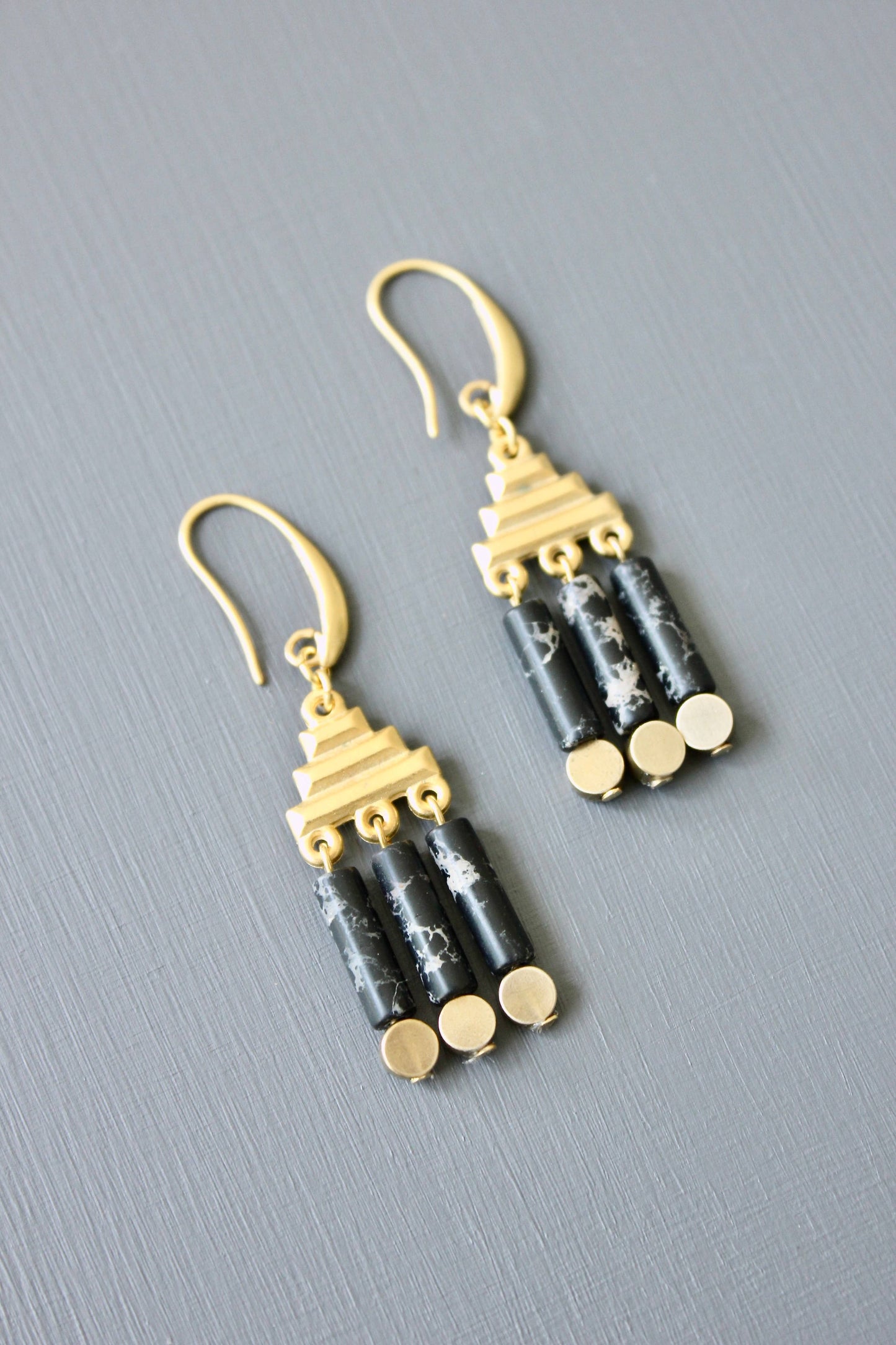 Erika Pyramid Drop Earring - Black/Brass