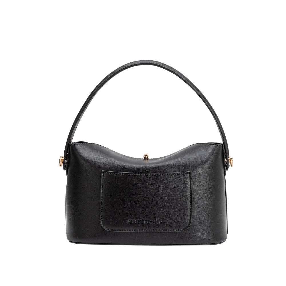 Black handbag with a visible brand logo on a white background