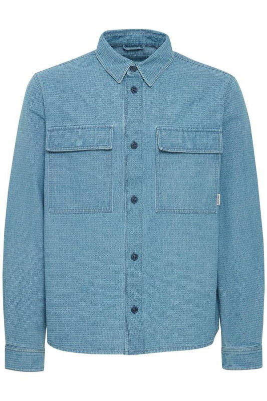 baby blue ripstop long sleeve collared shirt with two large pockets and navy blue buttons