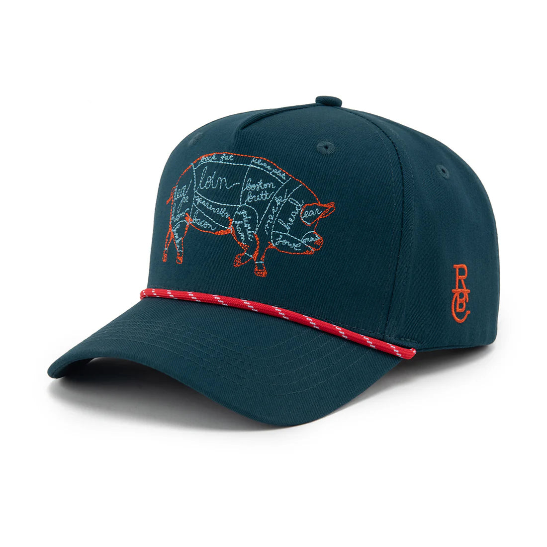 Teal cap with pig diagram and red accents on a white background
