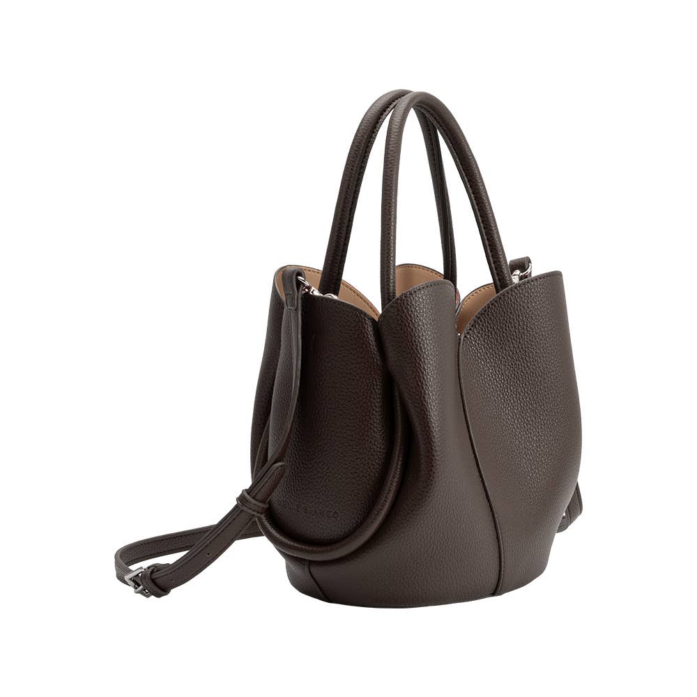 Brown leather handbag with a strap on a white background
