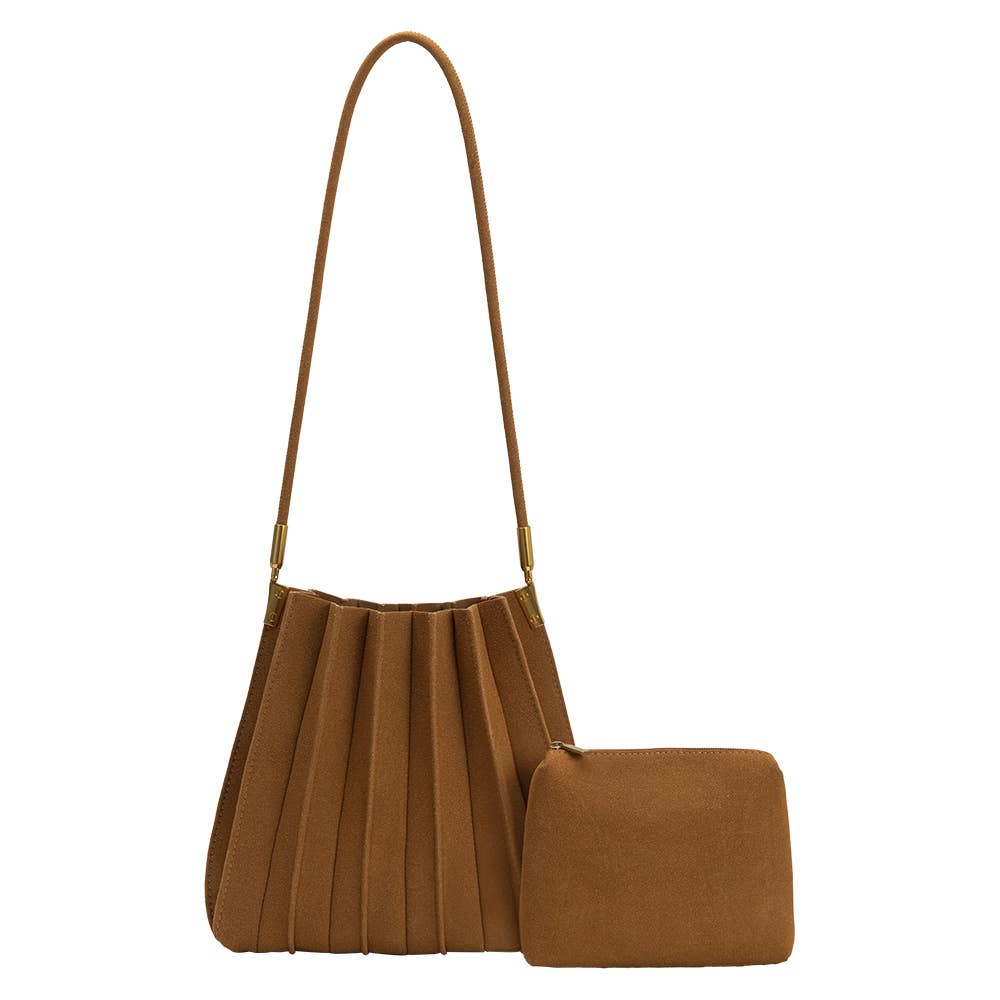 A brown pleated shoulder bag with a long strap, shown next to a matching small rectangular pouch on a plain white background.