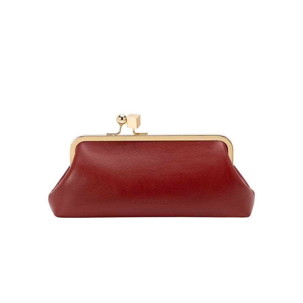 A burgundy leather kiss-lock clutch bag with a gold-tone metal frame and clasp, shown against a plain white background.