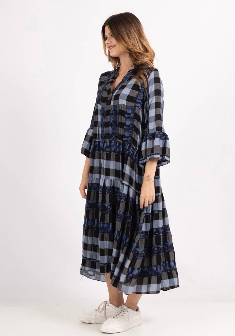 Pattern Cotton Dress - Navy