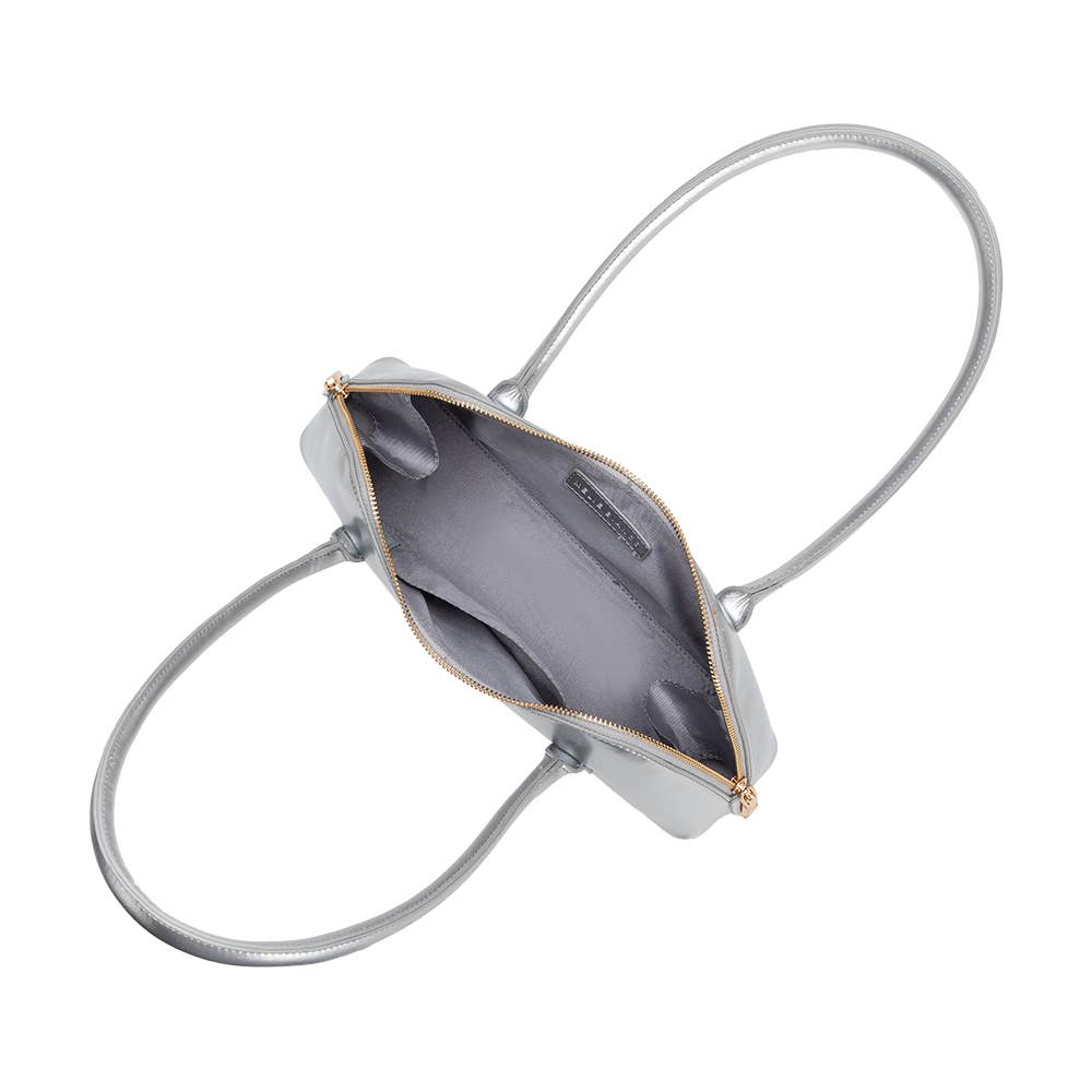 Gray handbag with a gold zipper on a white background