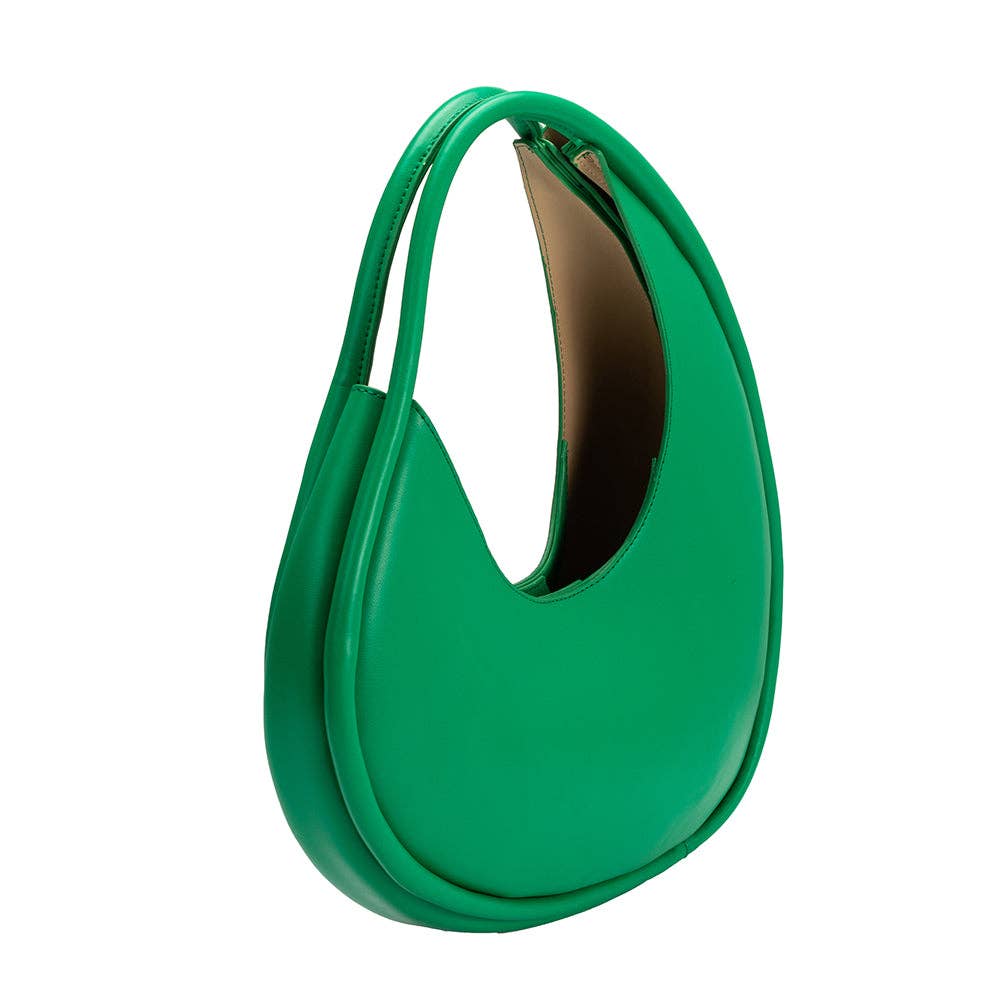 green circular asymmetrical shoulder bag with double piping structured handles