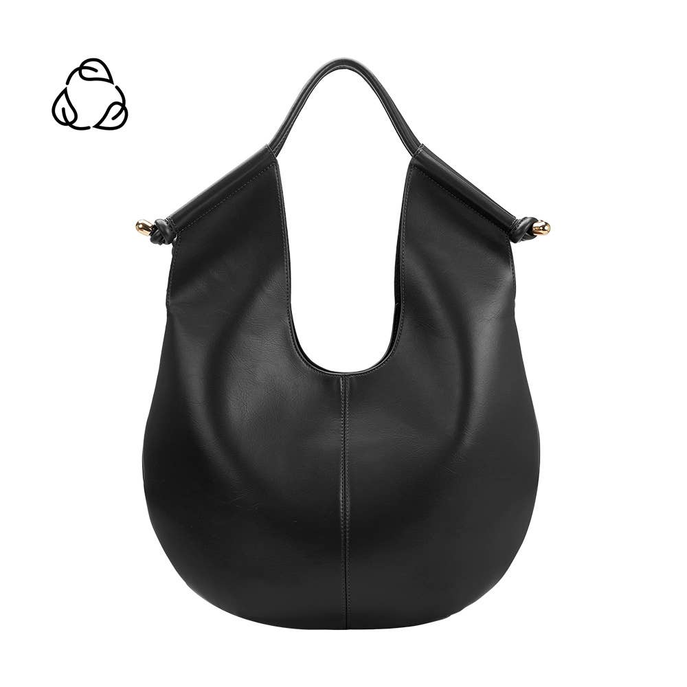 Black leather shoulder bag with knotted design and gold hardware on the handles.