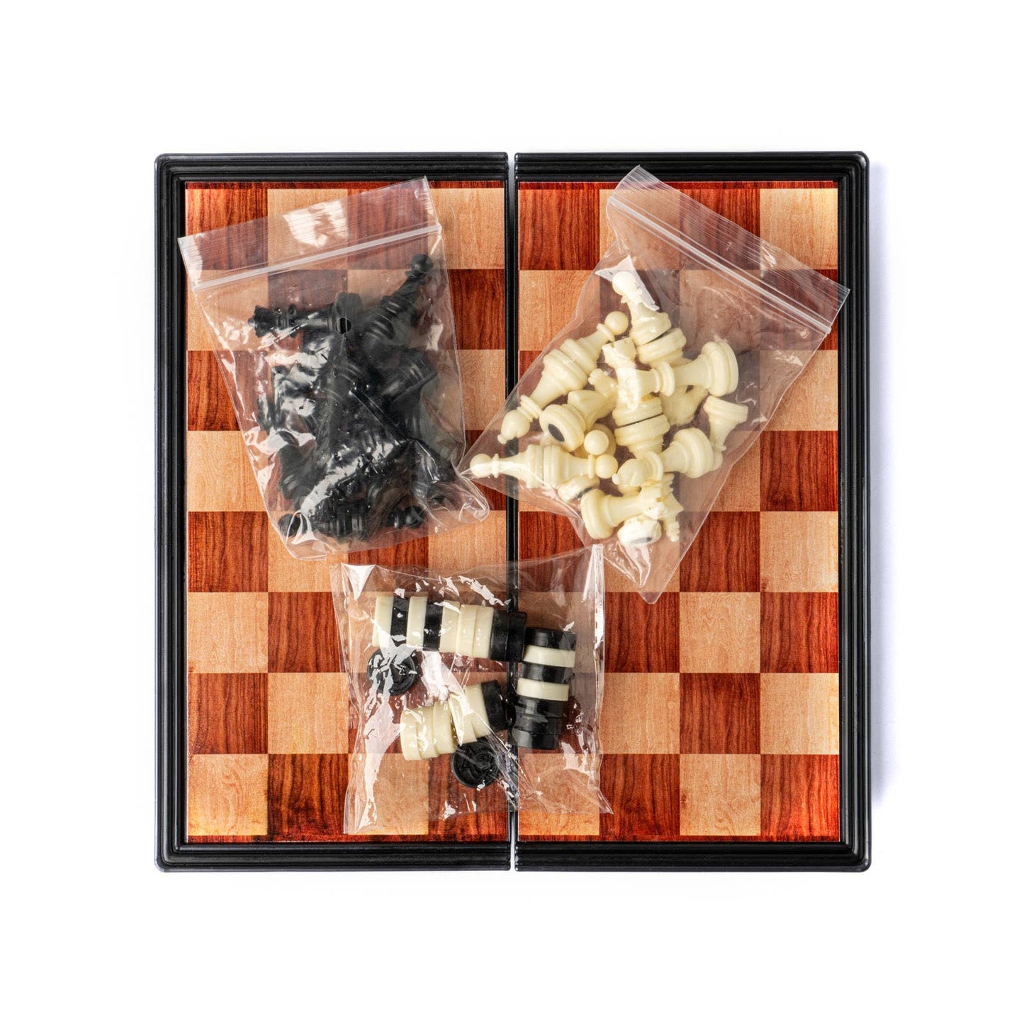 checker board with chess and checker pieces