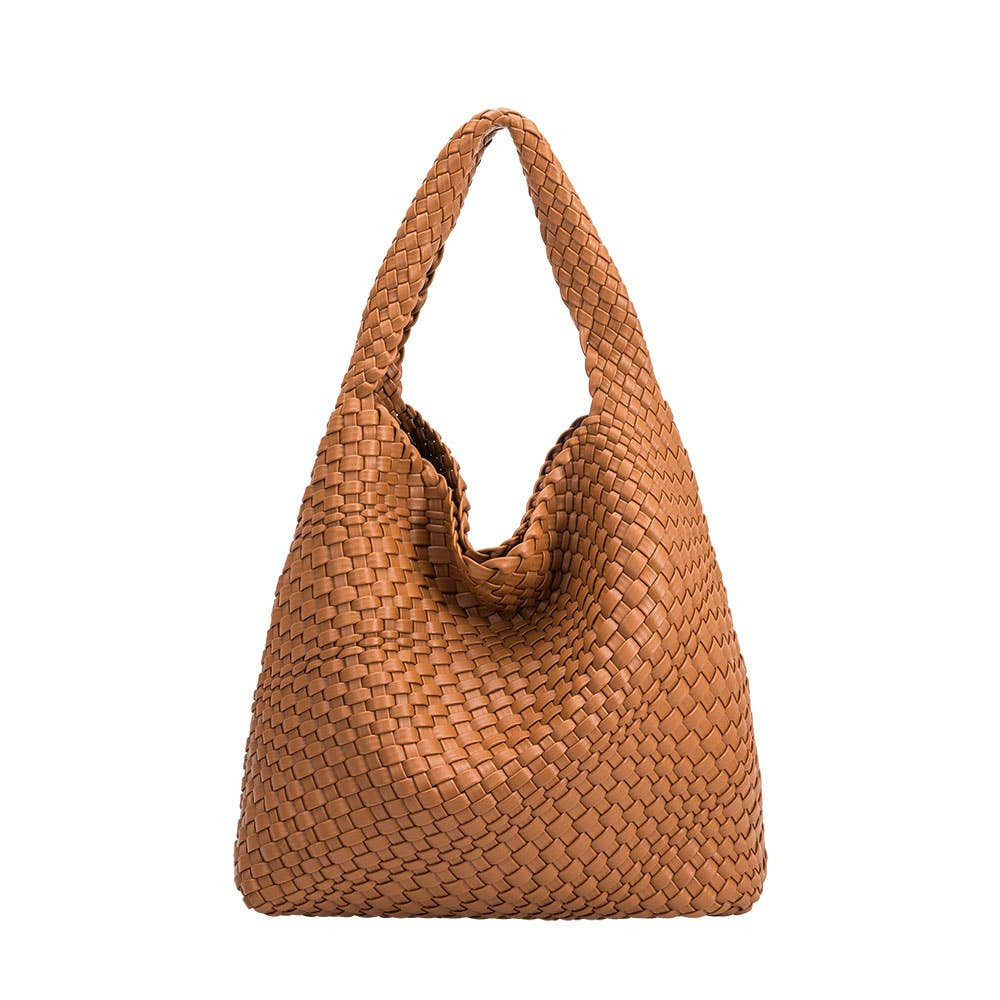 Brown woven handbag on a white background