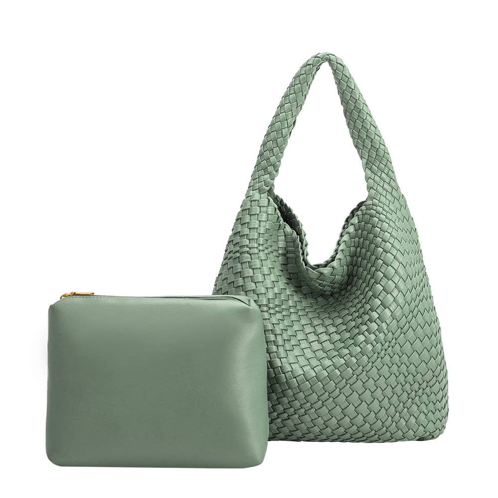 Green woven handbag and clutch on a white background