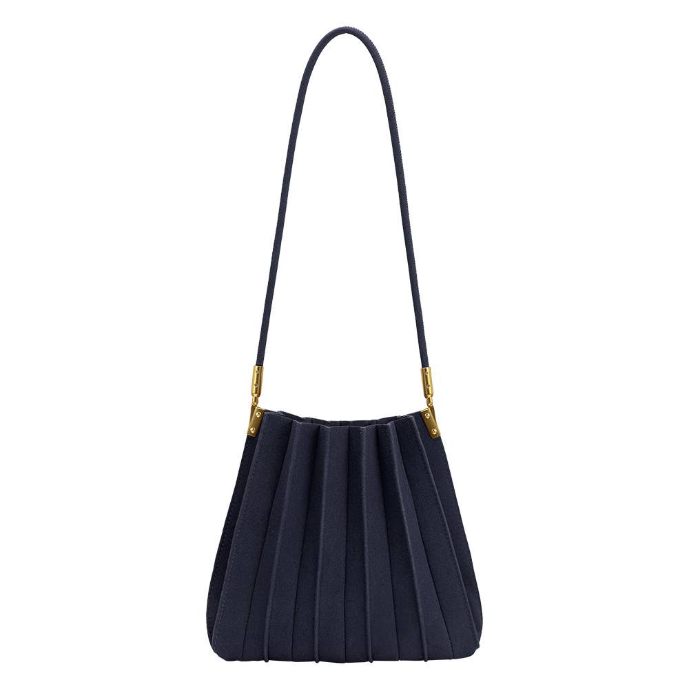 A dark navy blue pleated shoulder bag with a single thin strap and small gold-tone hardware, shown against a plain white background.