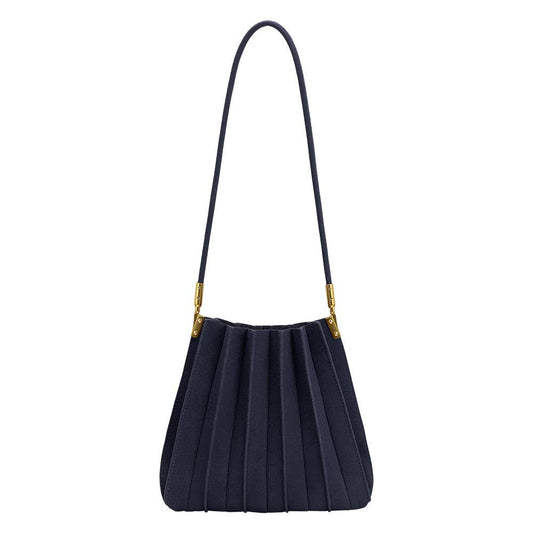 A dark navy blue pleated shoulder bag with a single thin strap and small gold-tone hardware, shown against a plain white background.