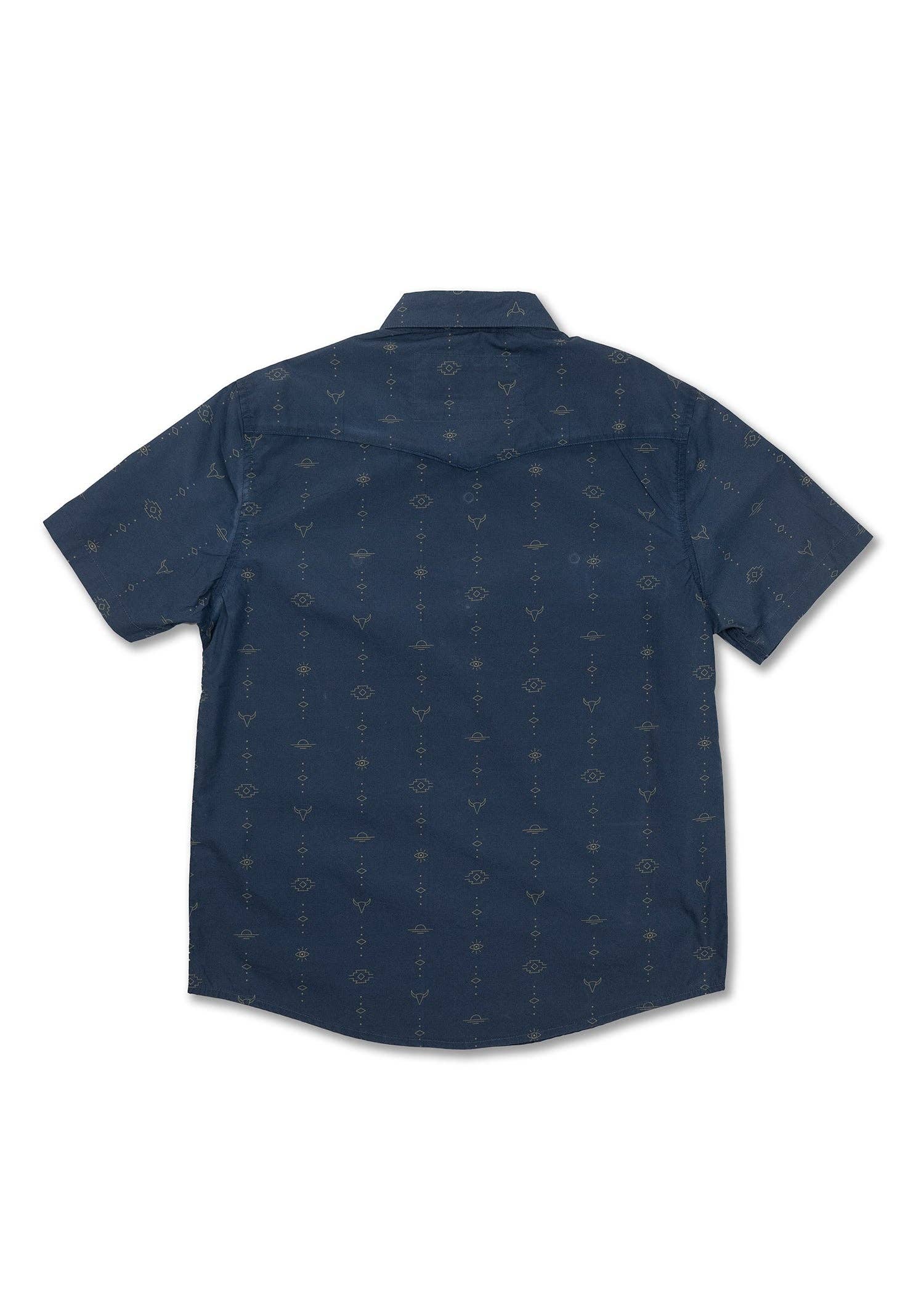 back of navy western short sleeve shirt with small patterns