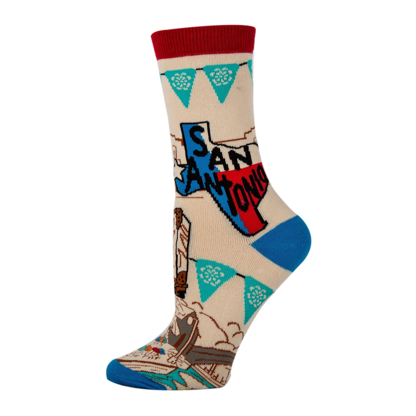 san antonio sock featuring texas state, fiesta banner, the alamo, cowboy boots and the riverwalk