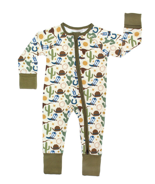 Baby onesie with cowboy pattern on a white background