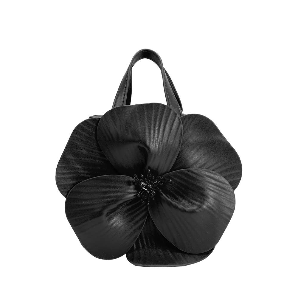 black handbag with large 3d flower