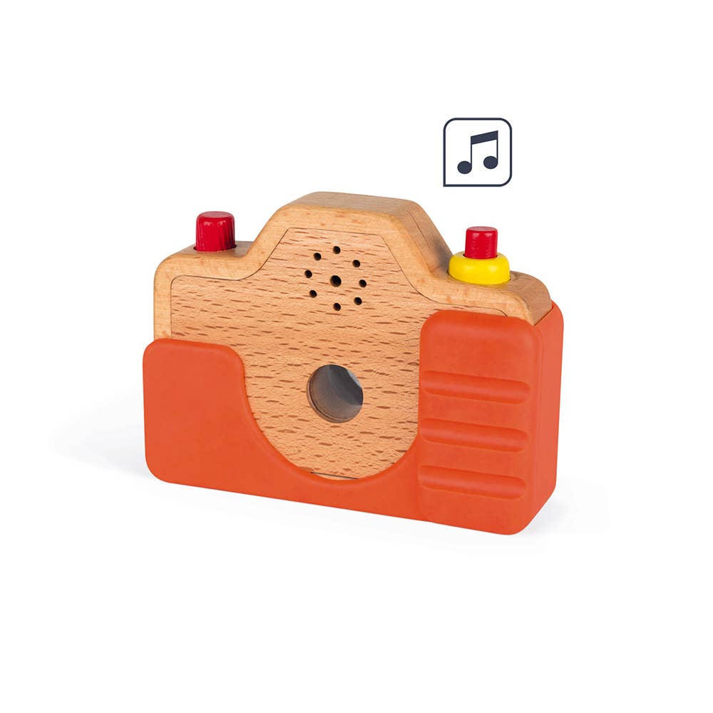Wooden toy camera with red and yellow buttons on a white background