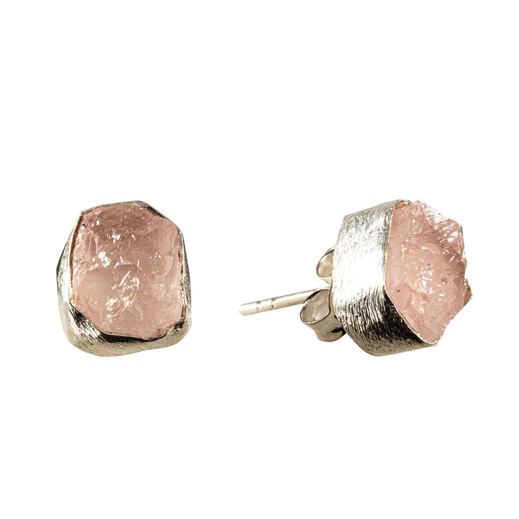 raw stone rose quartz brushed sterling silver post earrings with white background