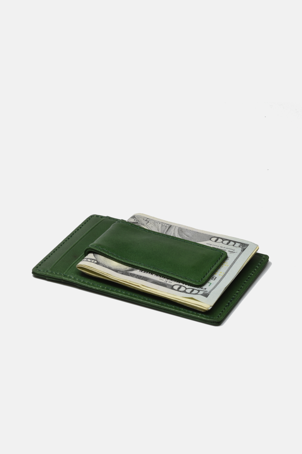 green wallet with magnetic money clip holding a few bills