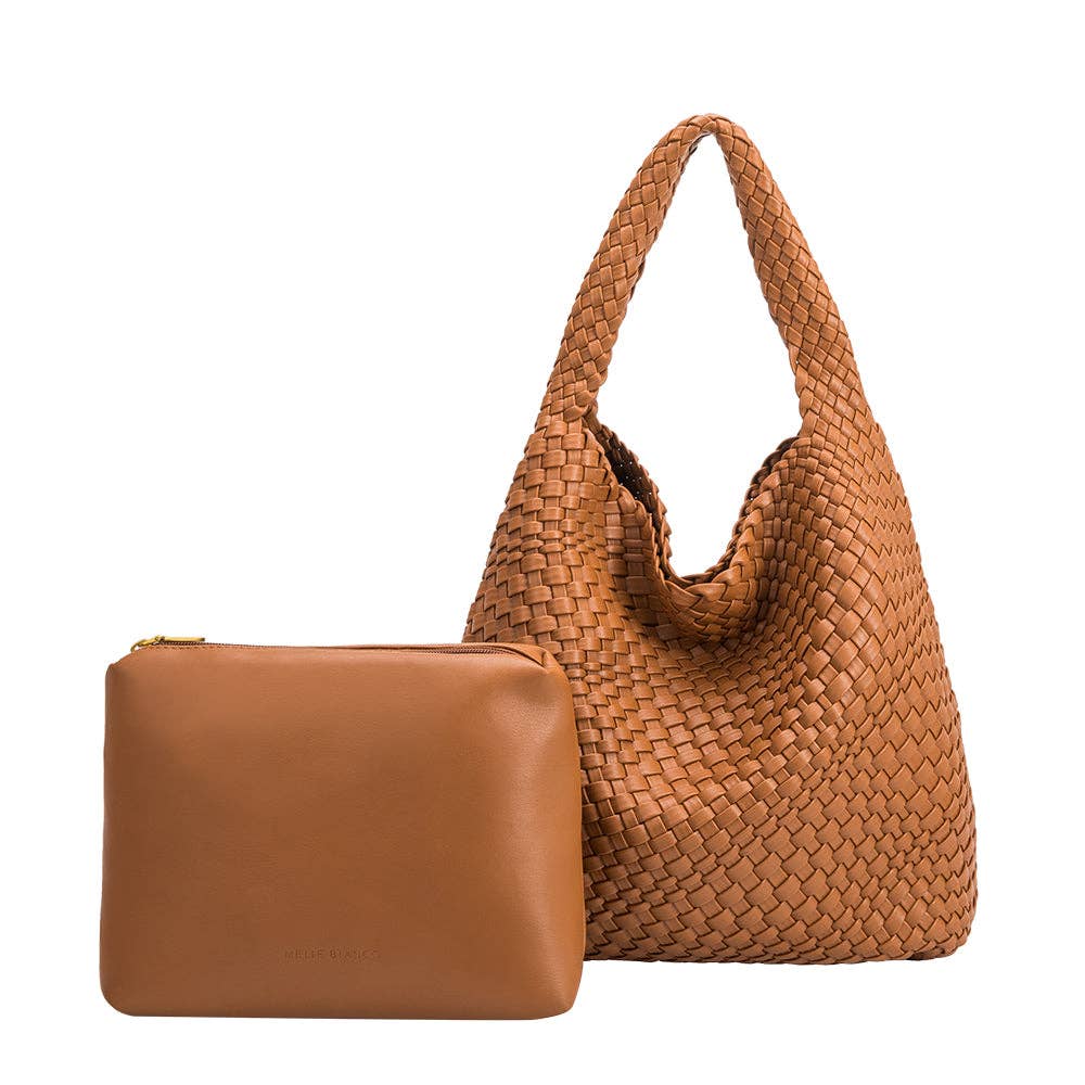 Brown woven handbag and matching pouch on a white background