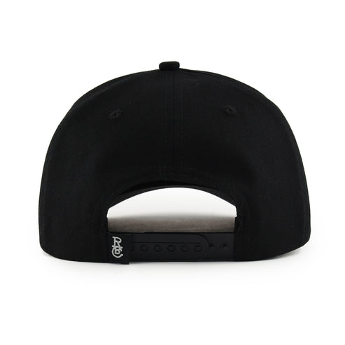 Black cap with a brand logo on the back against a white background