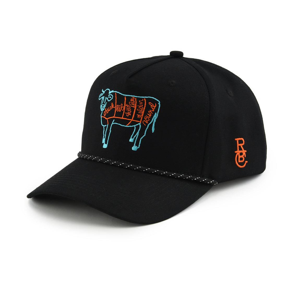 Black cap with blue cow illustration and orange logo on a white background