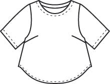 illustration of a boxy pullover tee with short sleeves, a curved bottom hem, and darts at the chest