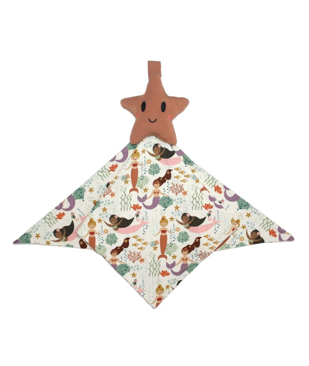 Star-shaped comfort blanket with mermaid pattern on a white background